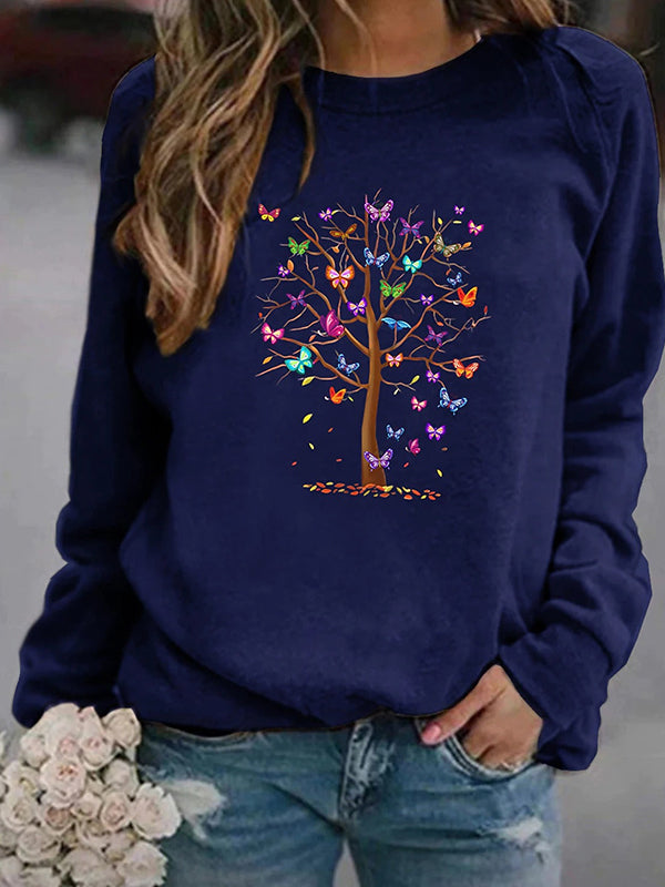 Navy Blue Casual Graphic Tops Round Neck Long Sleeve Tree Printed Sweatshirts