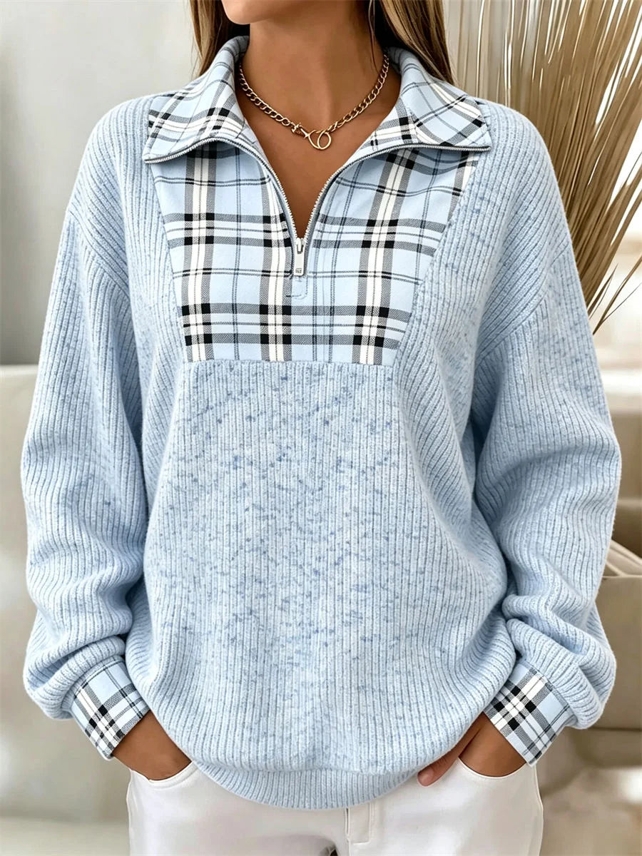 Vintage Plaid Half Open Collar Long Sleeve Sweatshirt