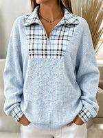 Vintage Plaid Half Open Collar Long Sleeve Sweatshirt