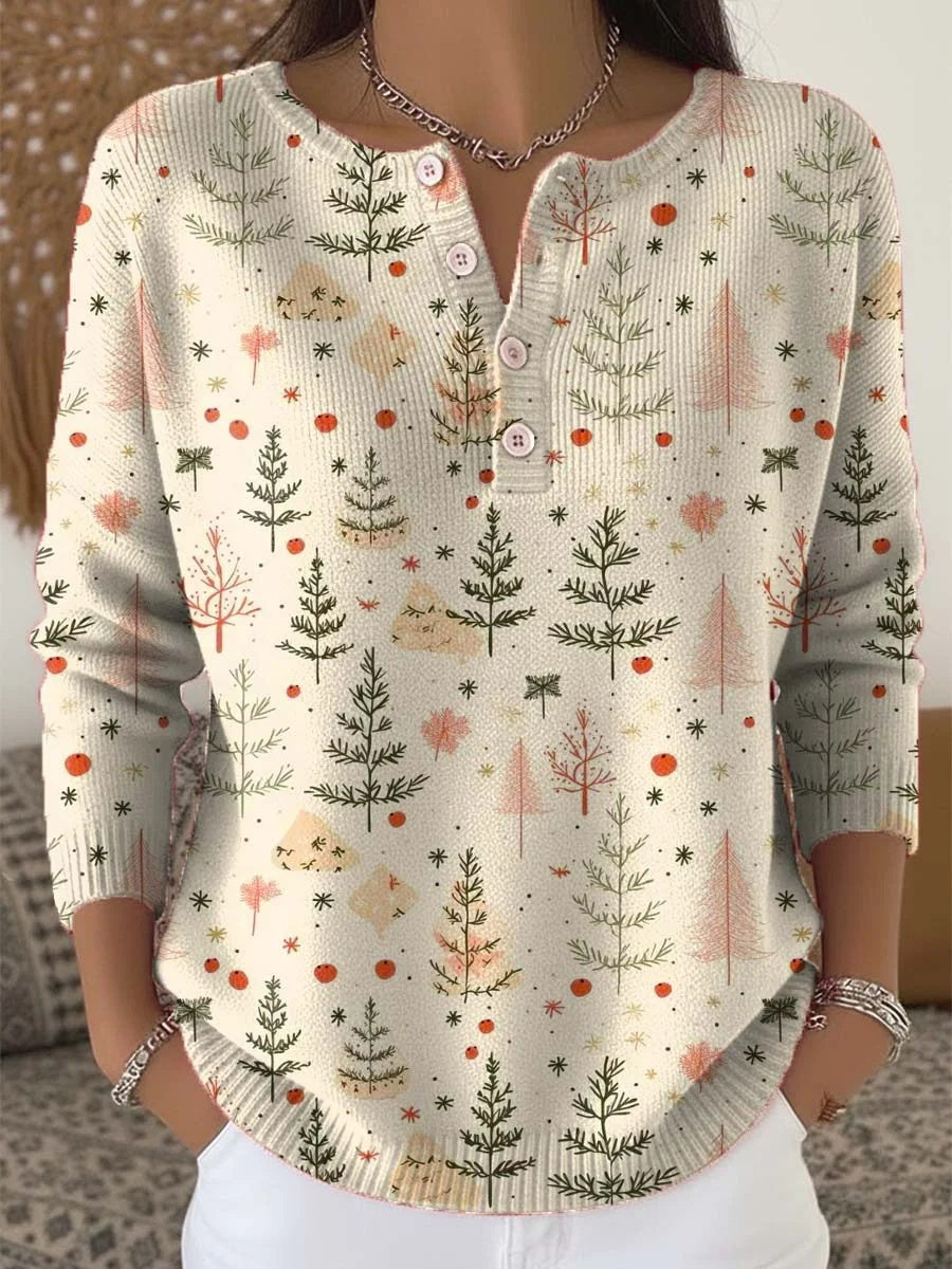 Women's Christmas Tree Print Round Neck Long Sleeve Buttoned Cardigan Sweater