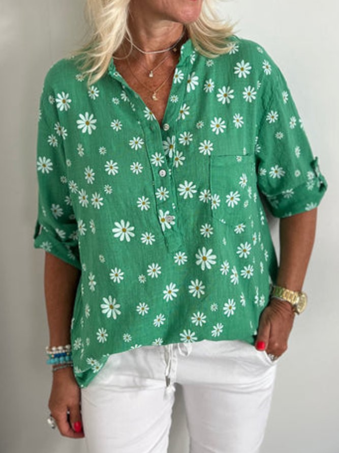 Green Casual Graphic Tops V Neck Half Sleeve Daisy Flower Printed Blouse