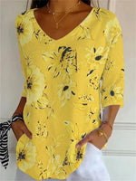 Vintage Floral Print V-neck 3/4 Sleeve T-Shirt