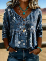 Vintage Floral Print V-neck Long Sleeve Blouse