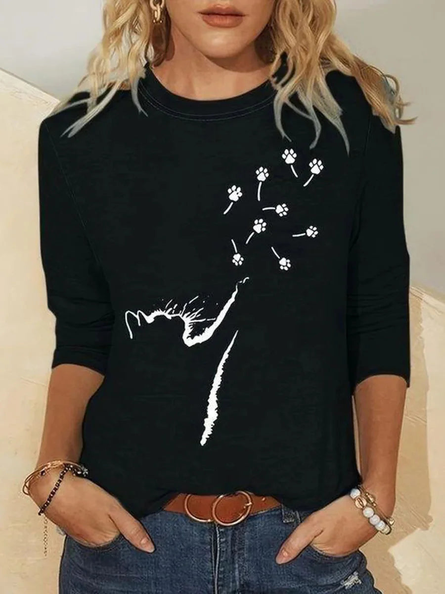 Casual Black Round Neck Long Sleeve Top