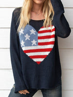 Darkest Indigo Casual Graphic Tops Round Neck Long Sleeve Flag Printed Sweater