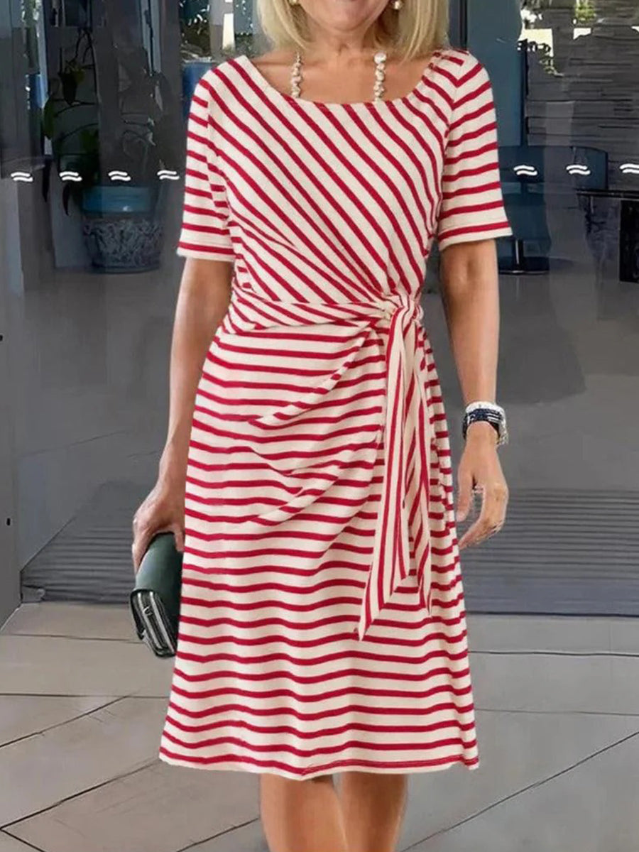 Unique Striped Print Short Sleeve Midi Dress