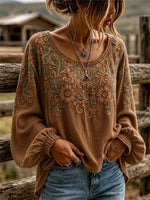 Crew Neck Long Sleeve Floral Printing Lightweight Micro-Elasticity Loose Blouse For Women