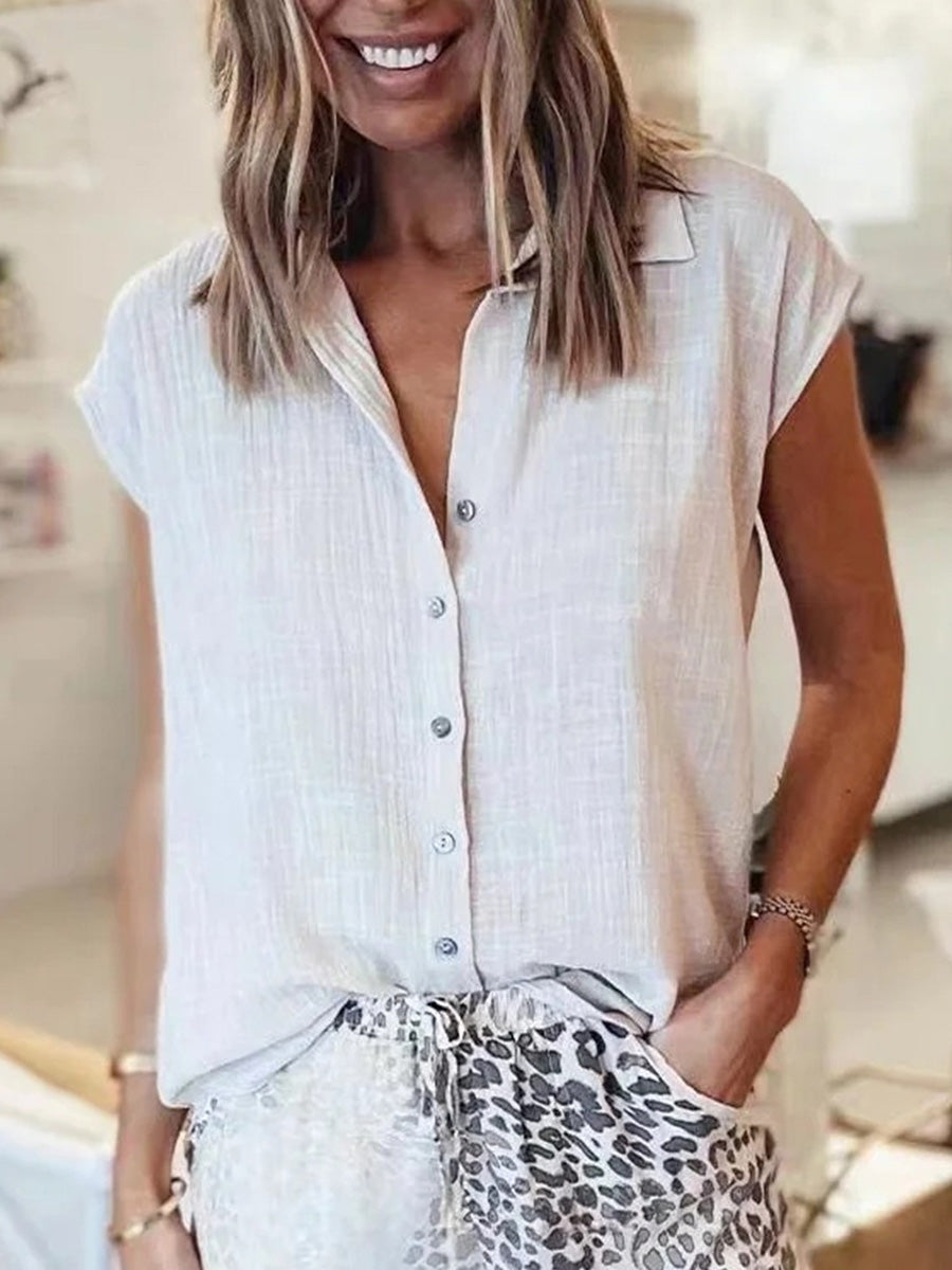 Solid Color Loose Lapel Short Sleeve Top