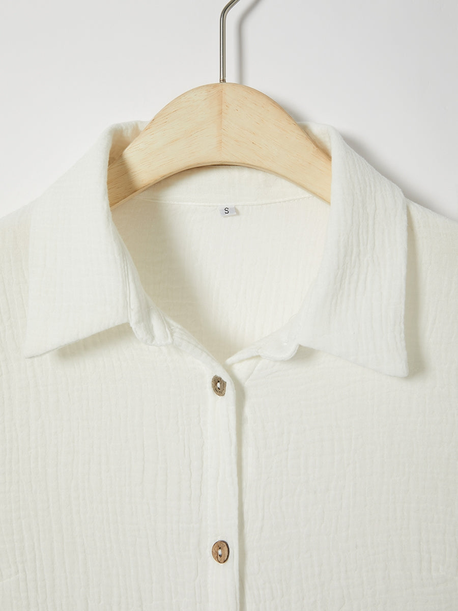 Solid Color Bowknot Lapel Long Sleeve Blouse with Buttons