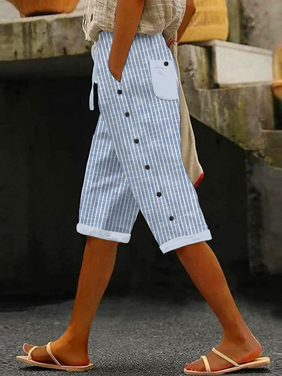 Women's Casual Striped Capri Shorts With Pockets