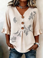 Casual Plants Print V Neck 3/4 Sleeve Blouse