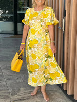 Cheerful Yellow Lemon Print Round Neck Short Sleeve Maxi Dress