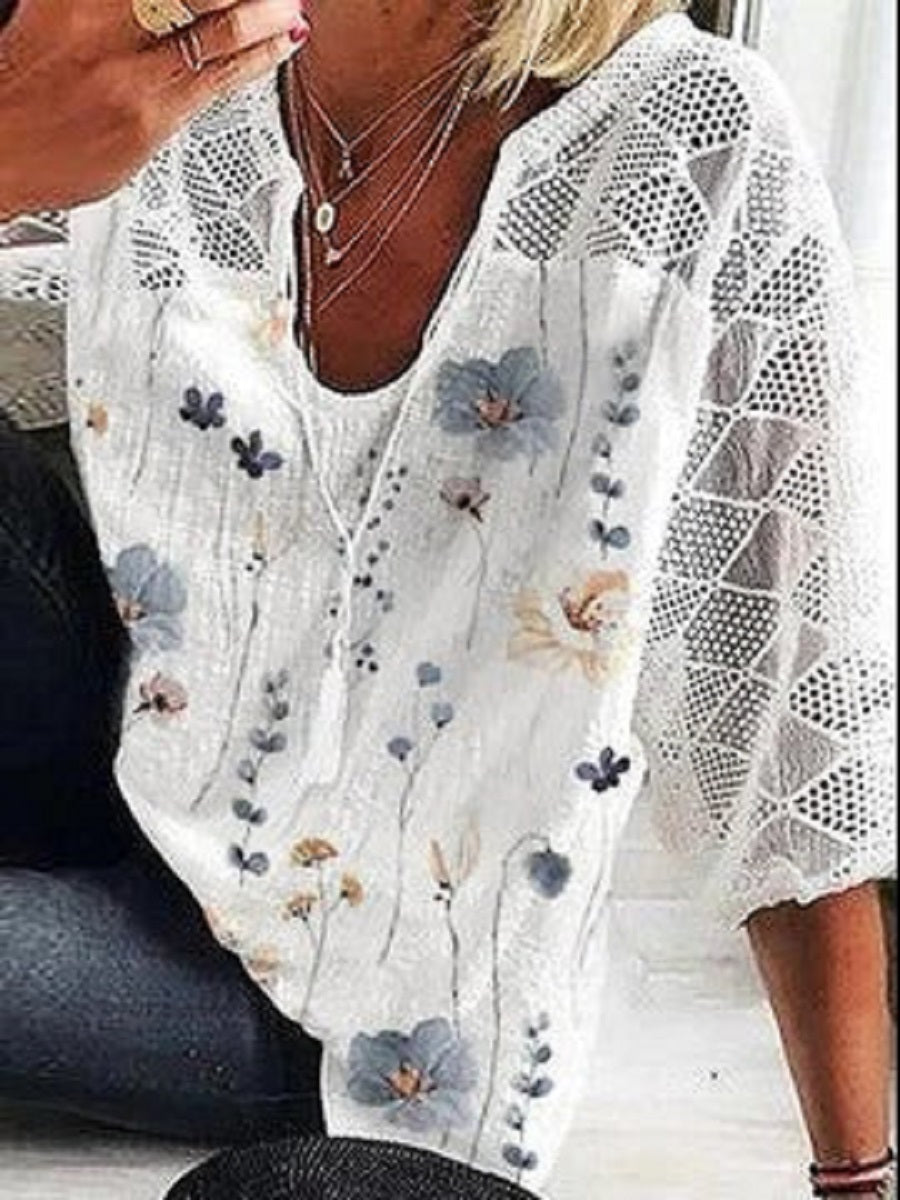 White Casual V Neck Floral Printed Half Sleeve Blouse