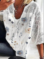 White Casual V Neck Floral Printed Half Sleeve Blouse