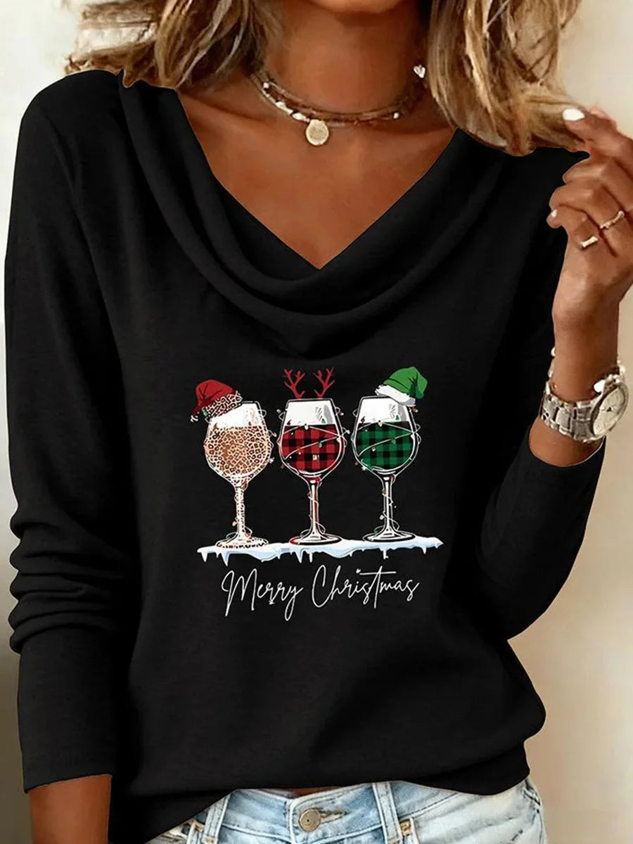 Black Wine Glass Print V-neck Long Sleeve Christmas Top