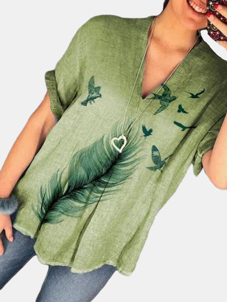 Casual Print Feather V-neck Short Sleeve Overhead Blouse