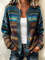 Women's Bohemian Retro Striped Gradient Art Print Knit Button Crew Neck Long Sleeve Cardigan