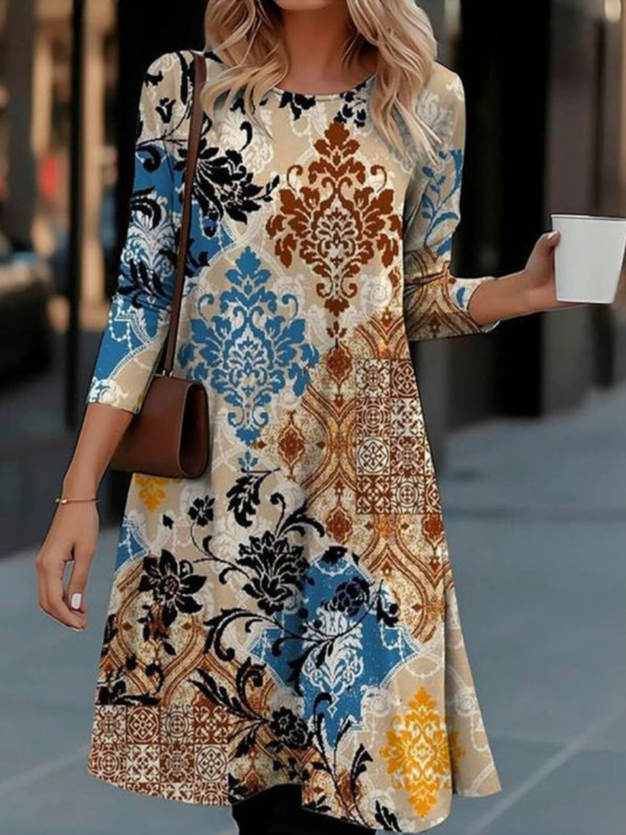 Vintage Ethnic Print Long Sleeve Dress