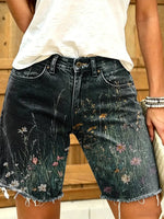 Retro ethnic floral pattern women's art print casual denim shorts