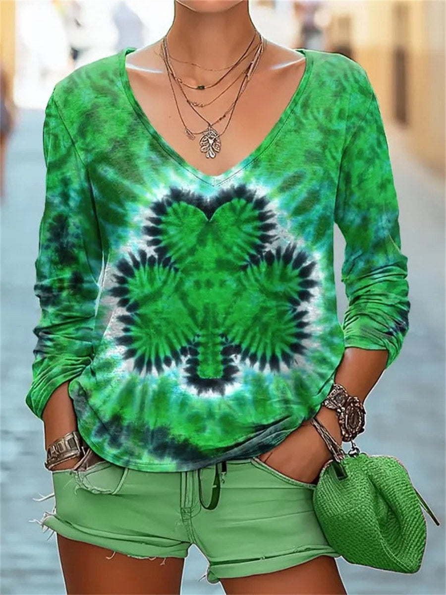 Tie-Dye Shamrock Print V-neck Long Sleeve T-Shirt