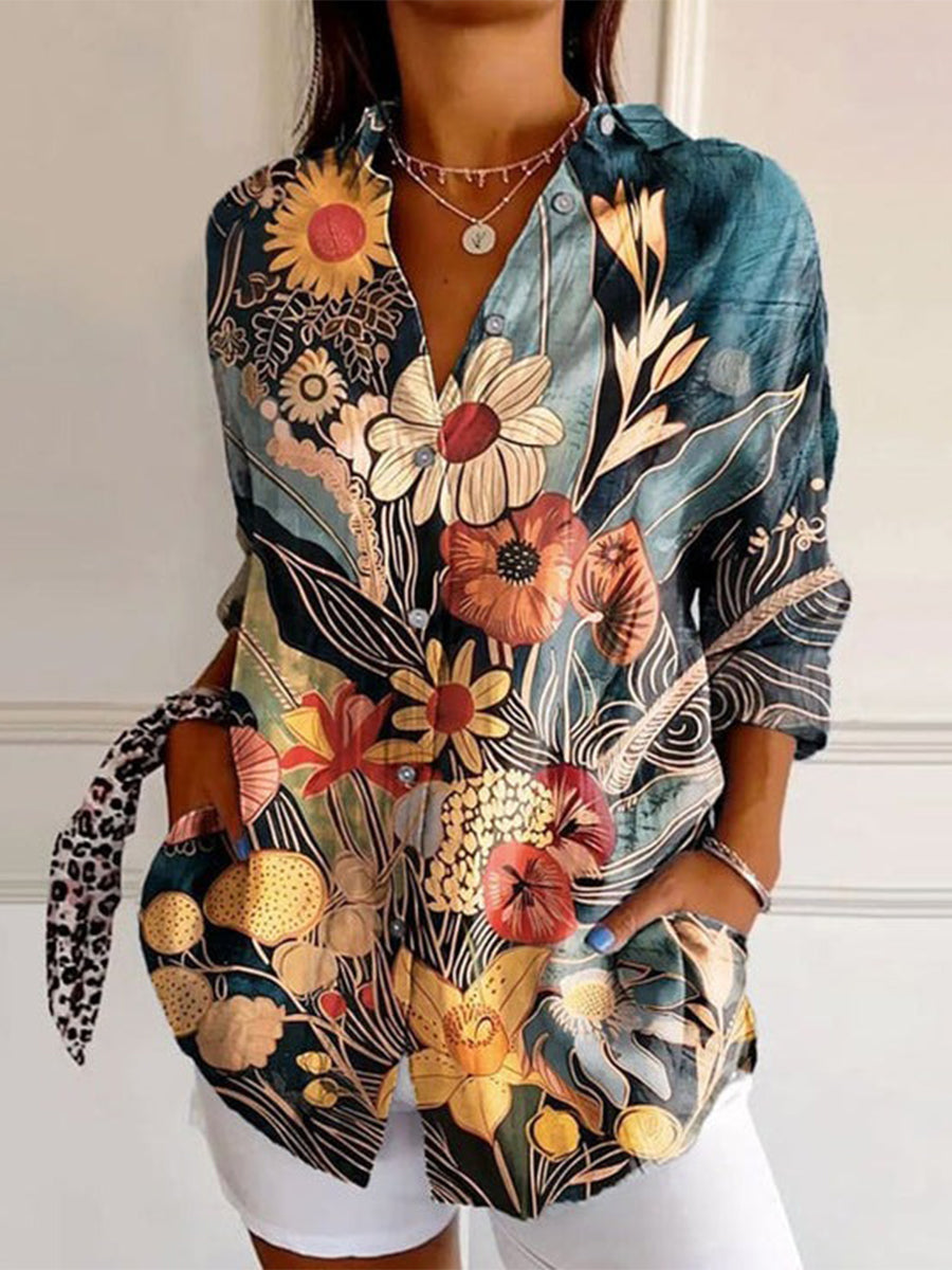 Vintage Floral Print V Neck Blouse