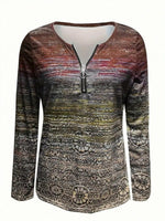 Crew Neck Long Sleeve Geometric Zipper Blouse
