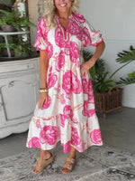 Pink Floral Print Tiered V-Neck Short Sleeve Maxi Dress