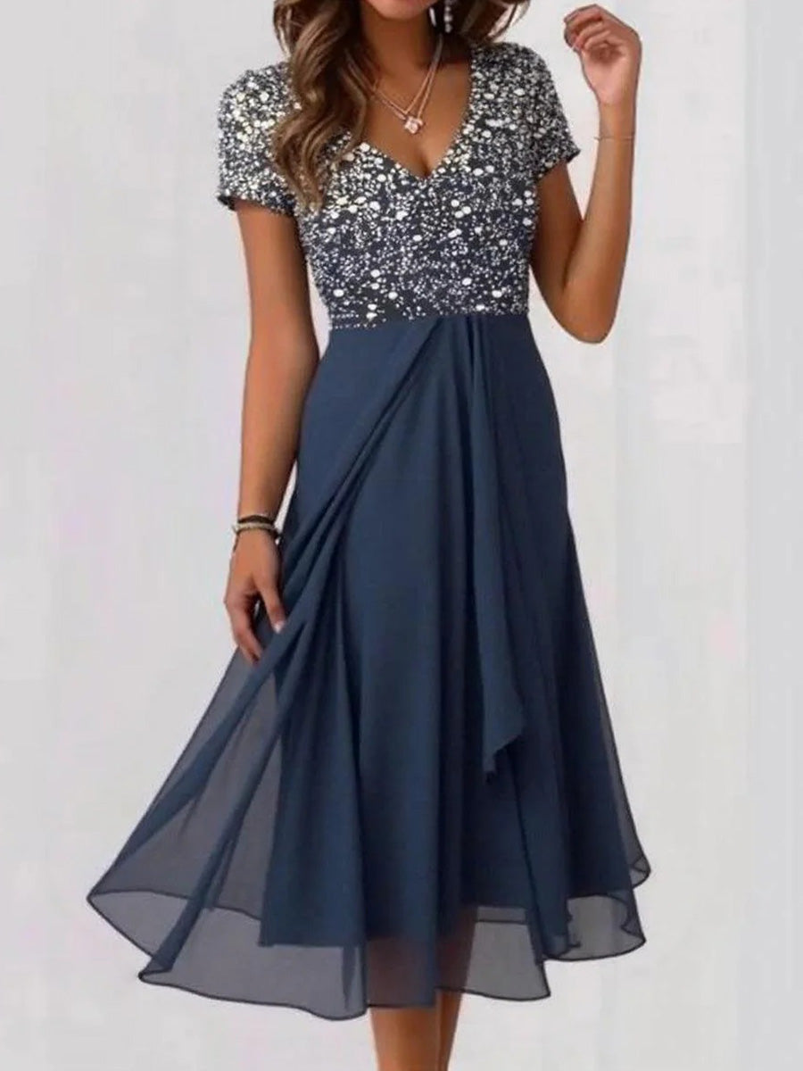 Blue V-Neck Short Sleeve Midi Dress– LilyWish