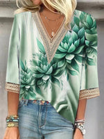 Dreamy Green Floral Print V-neck 3/4 Sleeve Top