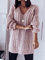 Pink Casual V Neck Solid Long Sleeve Sweater