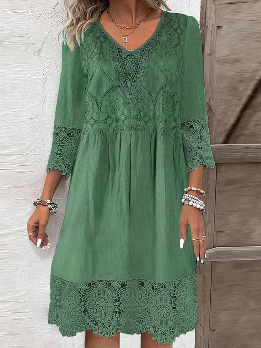 Plain Lace Casual Loose 3/4 Sleeve Midi Dress