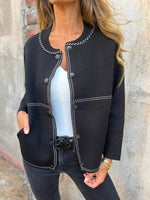 ChicButton-Front Long Sleeeve Jacket with Contrast Stitching
