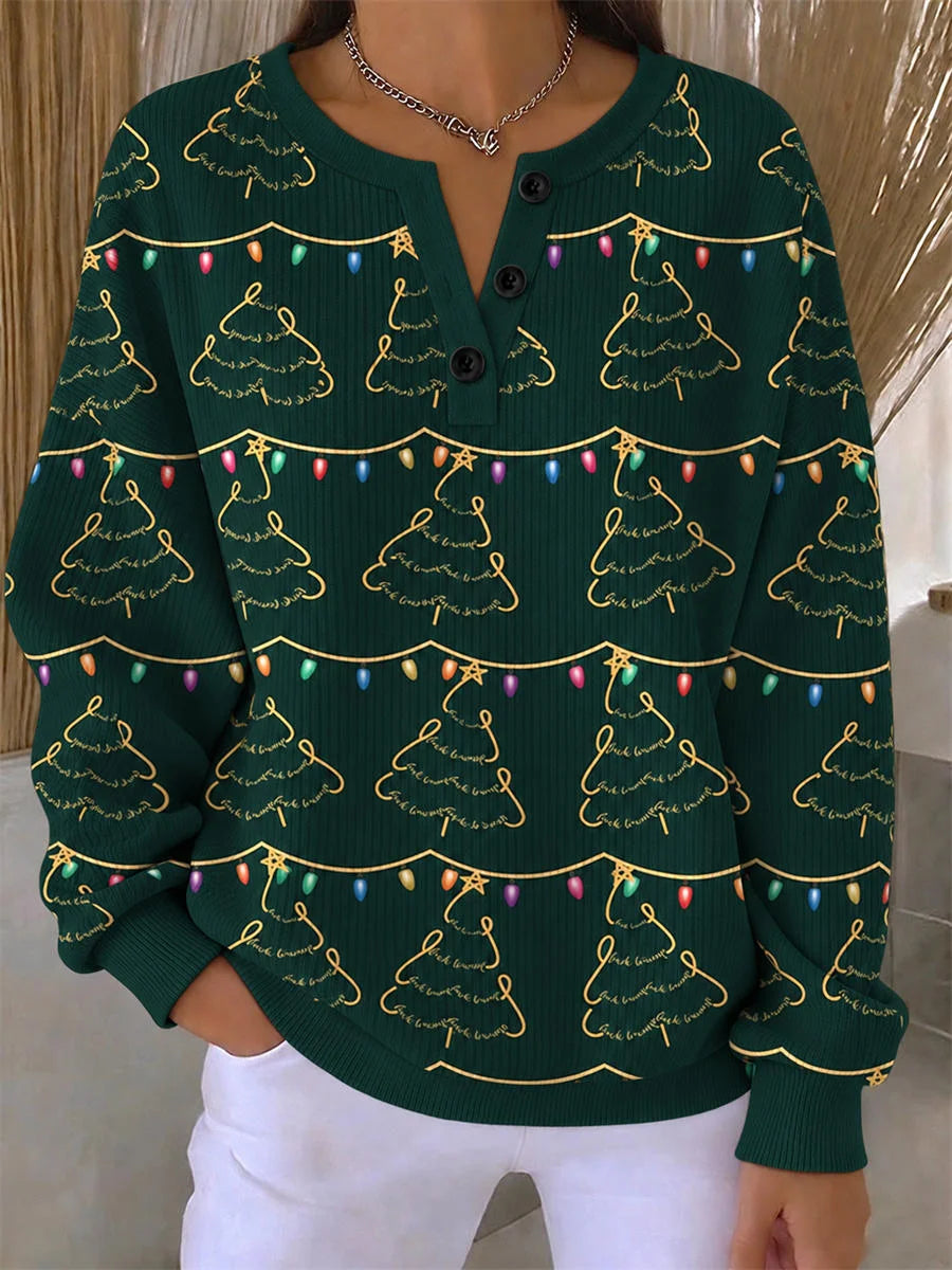 Casual Christmas Tree Henley Collar Long Sleeve Sweatshirt
