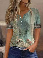 Vintage Floral Print V-neck Short Sleeve Blouse