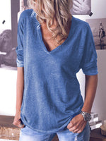 Blue Solid Casual Long Sleeve Tops