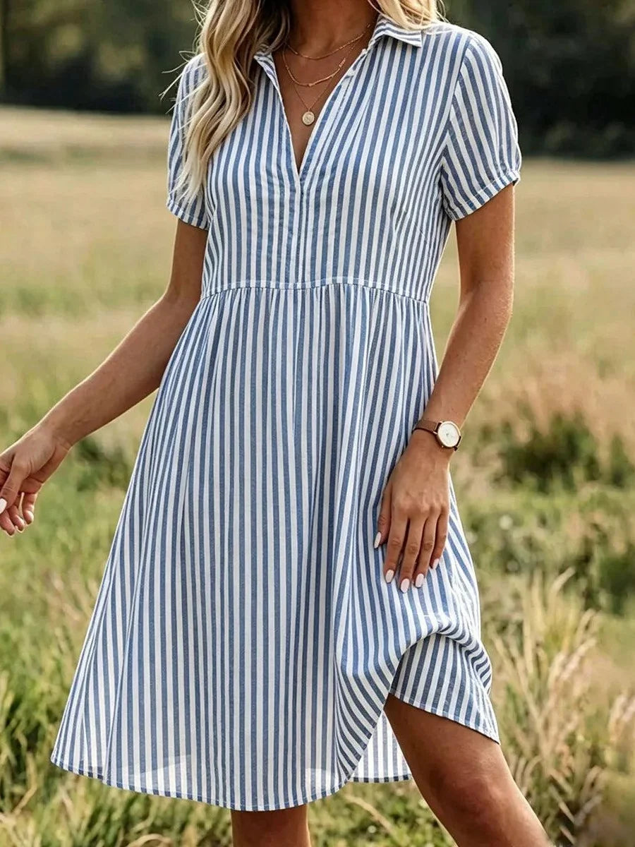 Blue Stripe Short Sleeve Tiered Dress