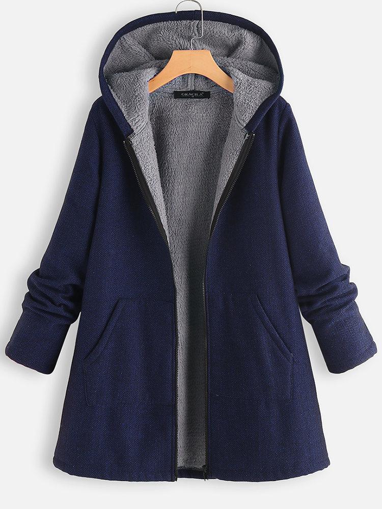 Women's Solid Color Long Sleeve Zipper-Up Hooded Fleece Jacket