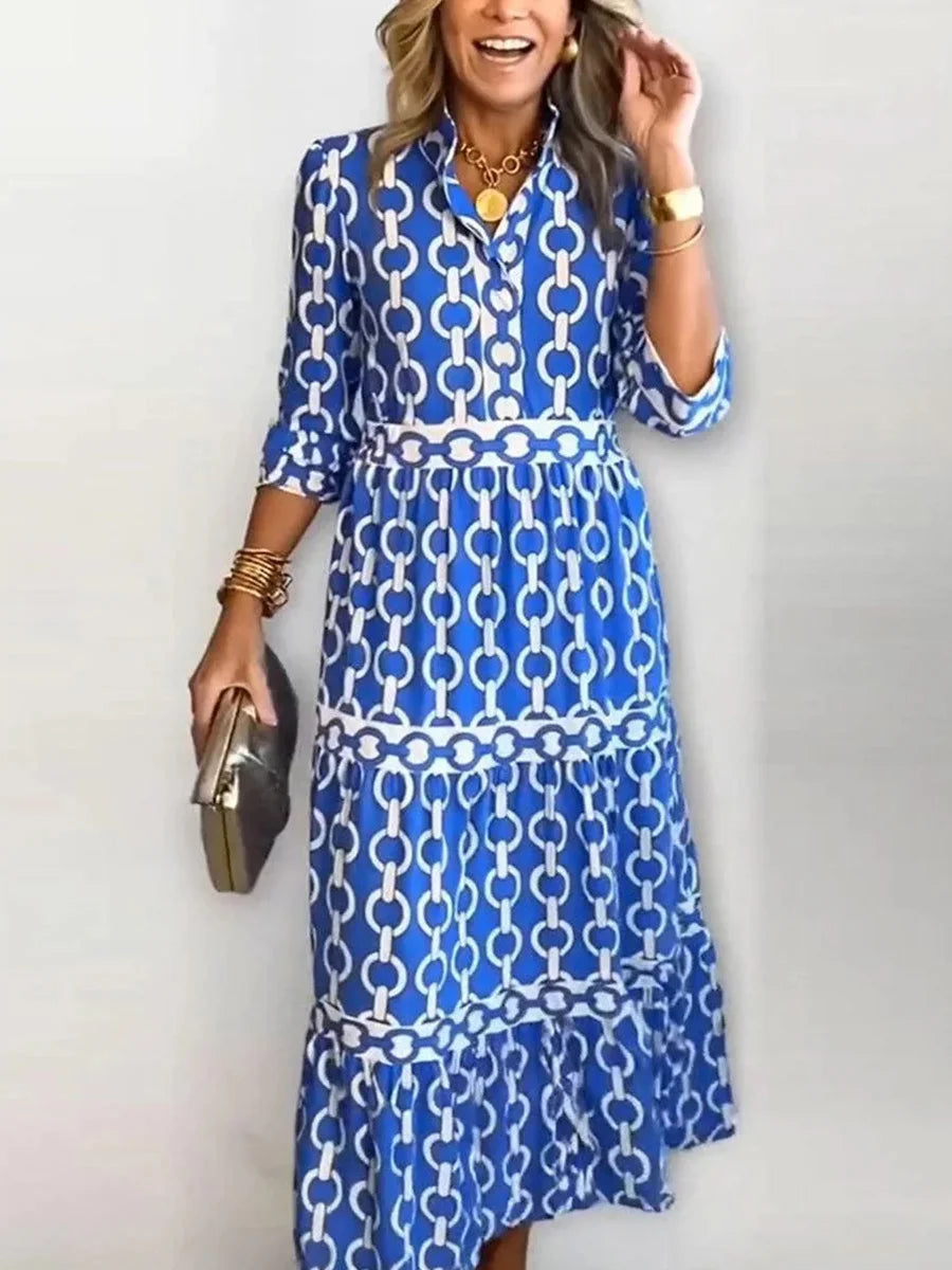 Fresh Blue Chain Print Long Sleeve Tiered Midi Dress