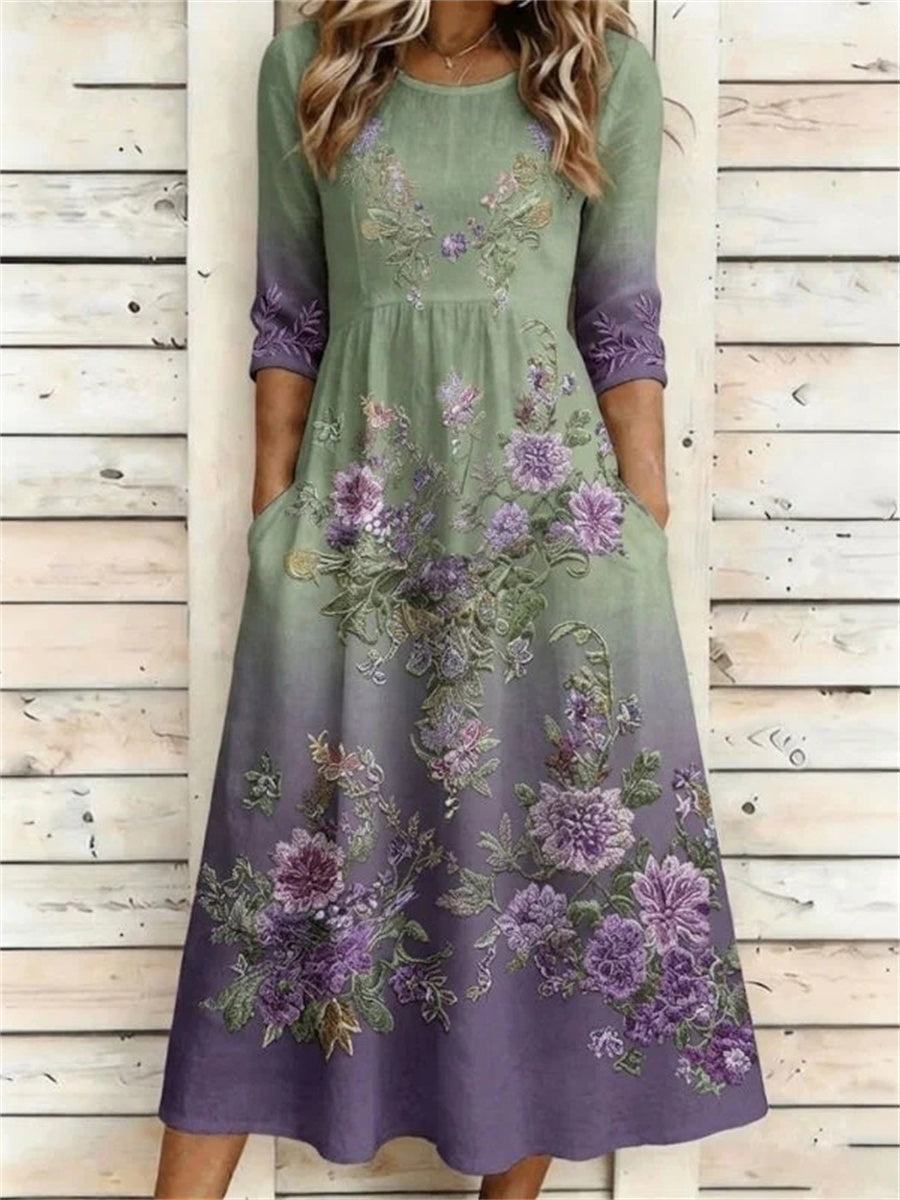 Vintage Floral Print Round Neck 3/4 Sleeve Dress