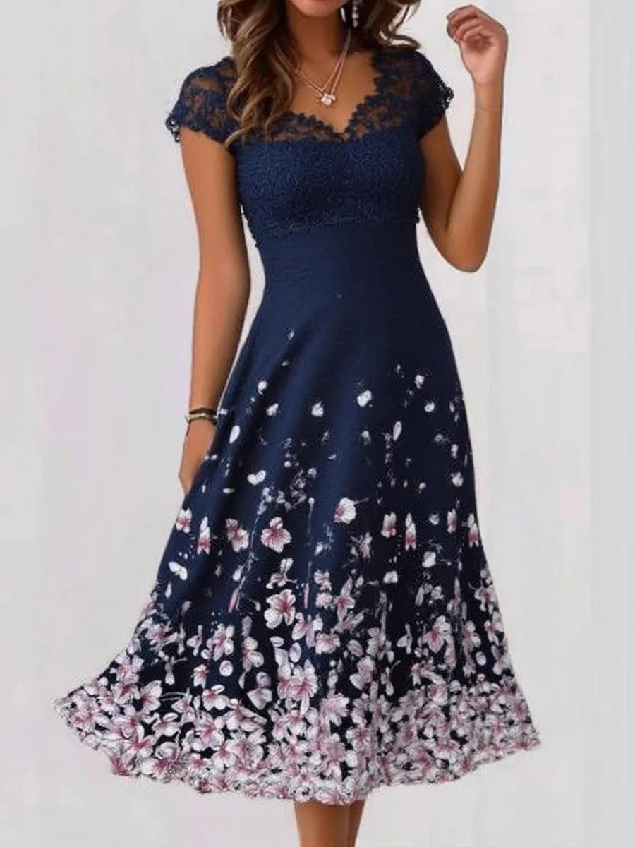 Trendy Floral Print V-neck Short Sleeve Blue Midi Dress
