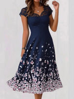 Trendy Floral Print V-neck Short Sleeve Blue Midi Dress