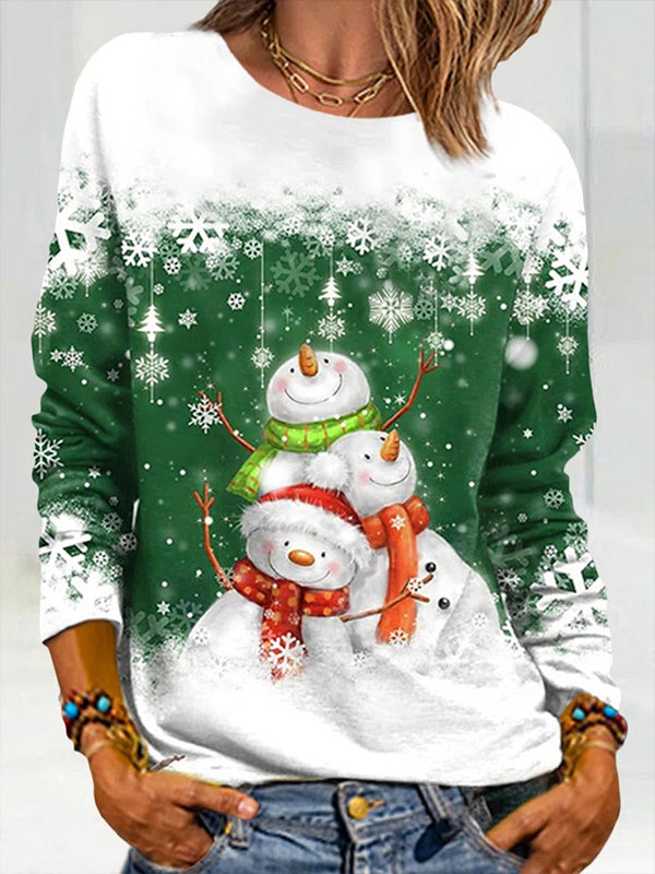 Green Casual Graphic Tops Round Neck Long Sleeve Snowman Printed Xmas Sweatshirt