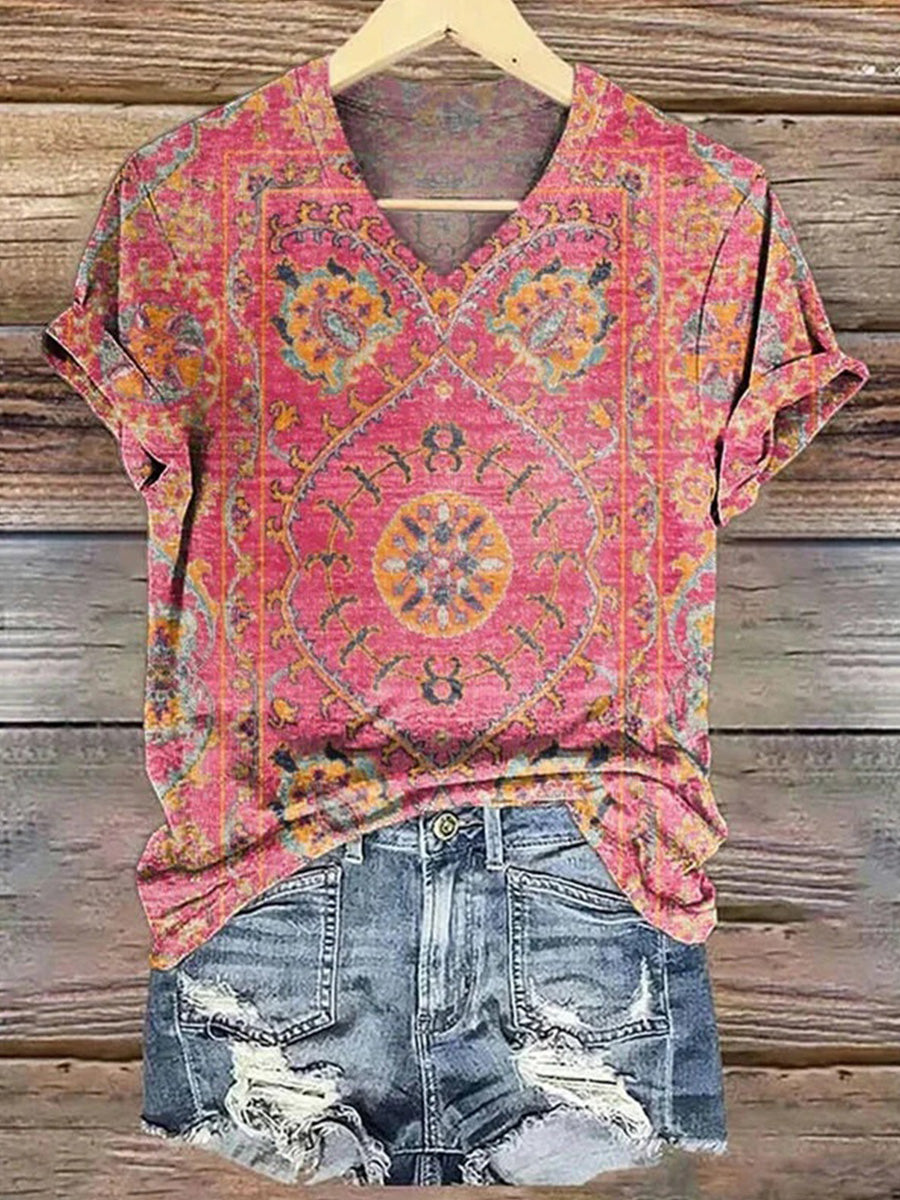 Vintage Ethnic Print V-neck Short Sleeve T-Shirt