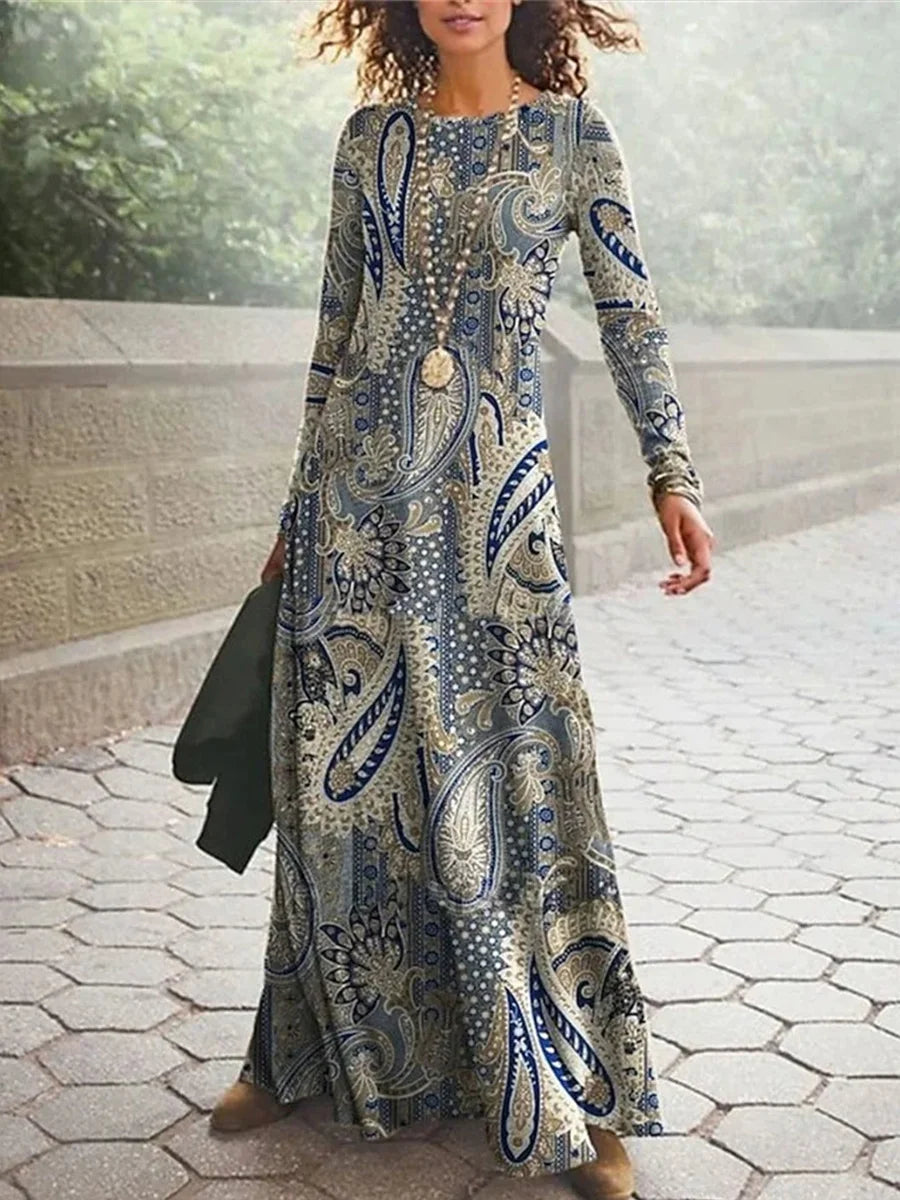 Paisley Round Neck Long Sleeve Maxi Dress