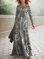Paisley Round Neck Long Sleeve Maxi Dress