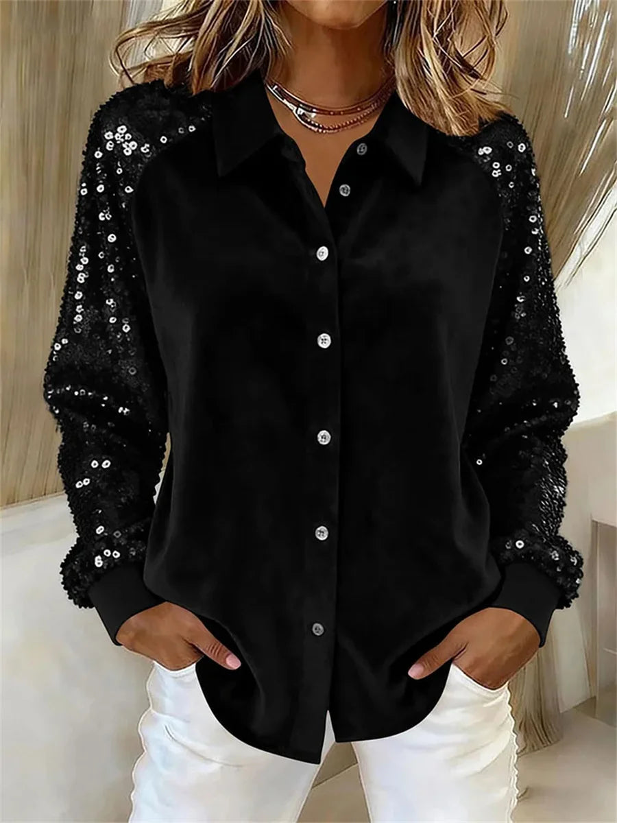 Women's Sequined Sleeve Patchwork Long Sleeve Velvet Loose Shirt