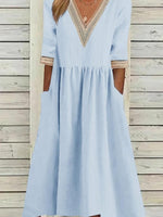 V Neck Half Sleeve Cotton Linen Midi Dress