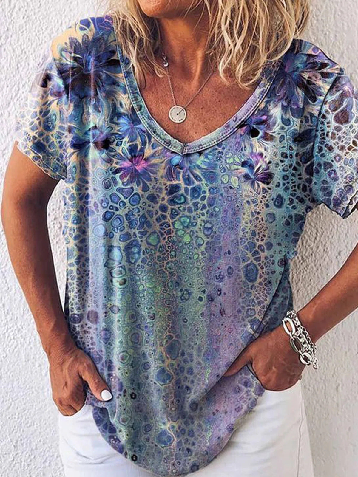 Multi Casual V Neck Printed Short Sleeve Blouse