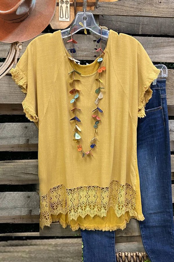 Yellow Solid Color Lace Stitching Blouse