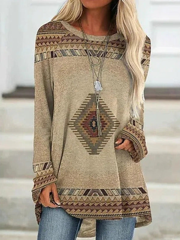 Khaki Casual Round Neck Long Sleeve Geometric Printed Sweatshirts